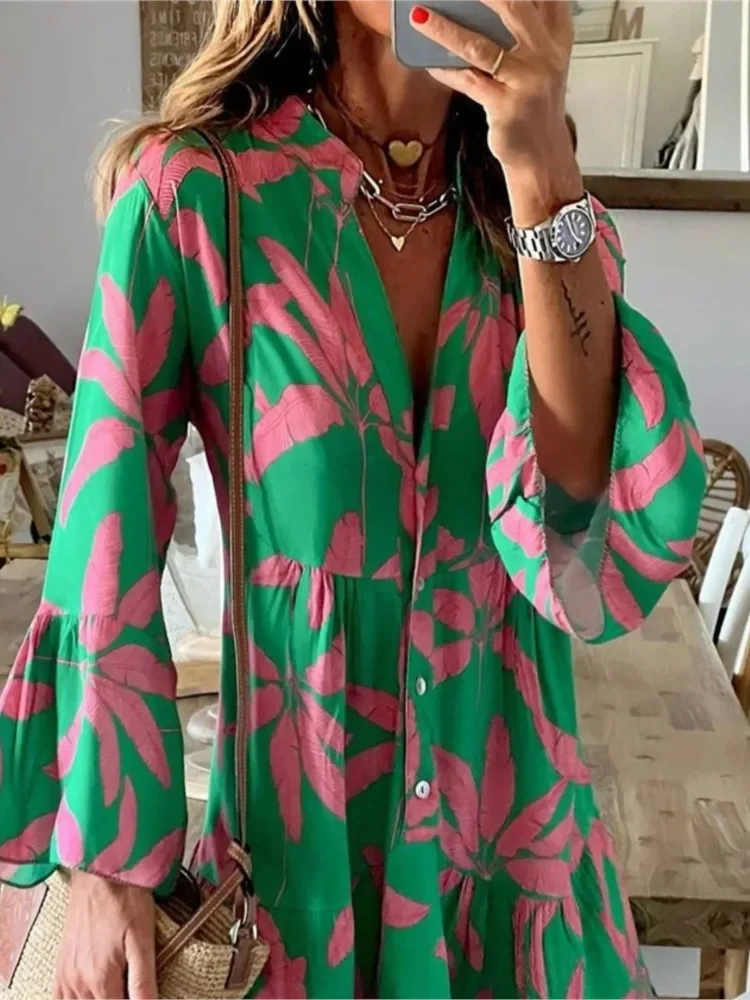 Jesienna koszula wakacyjna Boho Sukienki dla kobiet Seksowny dekolt w szpic Rozkloszowany rękaw Elegancka sukienka z falbankami Wiosna Luźna sukienka na co dzień