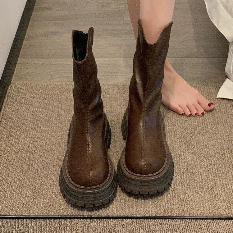 Aichic New Platform Mid‑Calf Boots,V‑Shaped Opening Thick Sole Western Cowboy Boots,Pleated Soft Leather Fashion Riding Boots