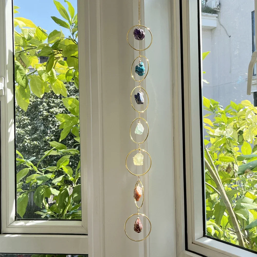 Seven Color Raw Stone Colorful Hanging Ornament Natural Crystal Energy Stone Crystal Suncatcher Wind Chime  Home Decor