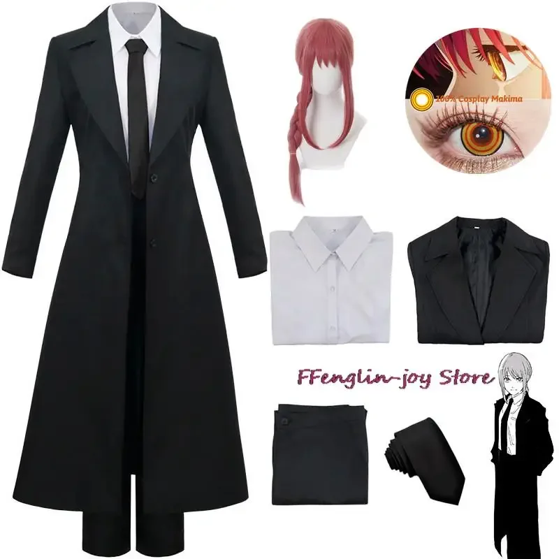 Anime Chainsaw Man Makima Cosplay Costume Black Trench Shirt Tie Pants Makima Wig Long Light Red Braid Men Women Suit Uniform