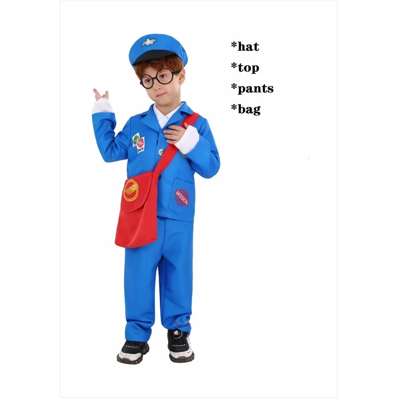 WU01 Kids Delivery Man Postman Cosplay Blue Uniform Boys Girls Mailman Halloween Cosplay Costumes Purim Carnival PerformancJk5*！