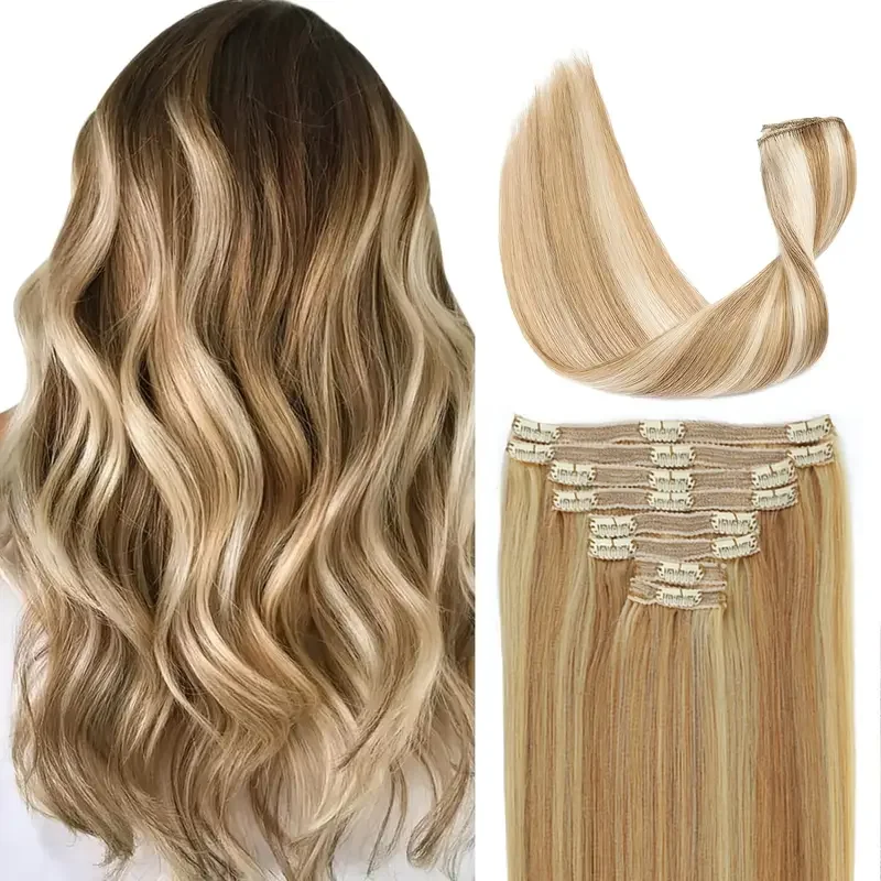 

Накладные волосы на клипсе, настоящие человеческие волосы, красновато-коричневые, смешанные отбеливающие, блондинки, прямые, 8 шт., двойной уток, 100% наращивание человеческих волос