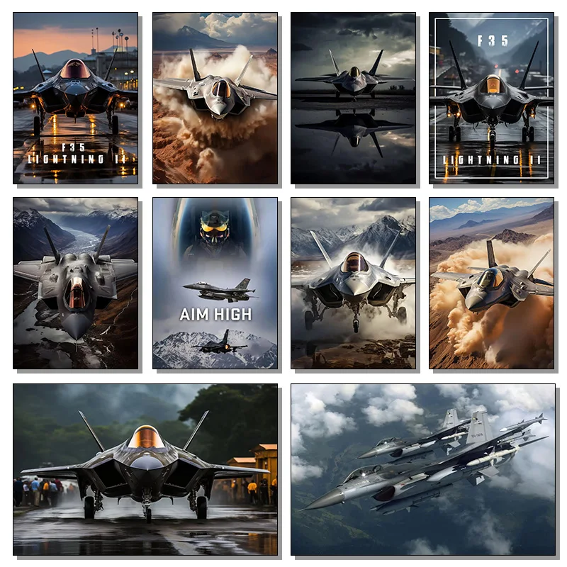 Modern Military Airplane F35 Fighter Lightning Jet Starting Poster Fighter Fly Canvas Painting Wall Art Living Room Home Decor