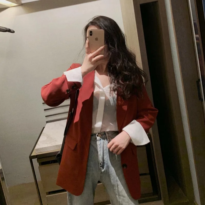 Candy Red Casual Office Blazer 2024 Women Korean Fashion Solid Colors Single Breasted Commute Blazer New Hot Sale Work Clothing