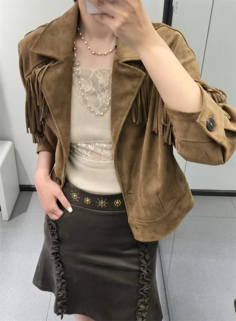 Guobioziy 2026 Autumn New Women's Jacket Camel Long Sleeve Fringe Decorative Suede-Textured Denim Biker Jacket Parka Trendy