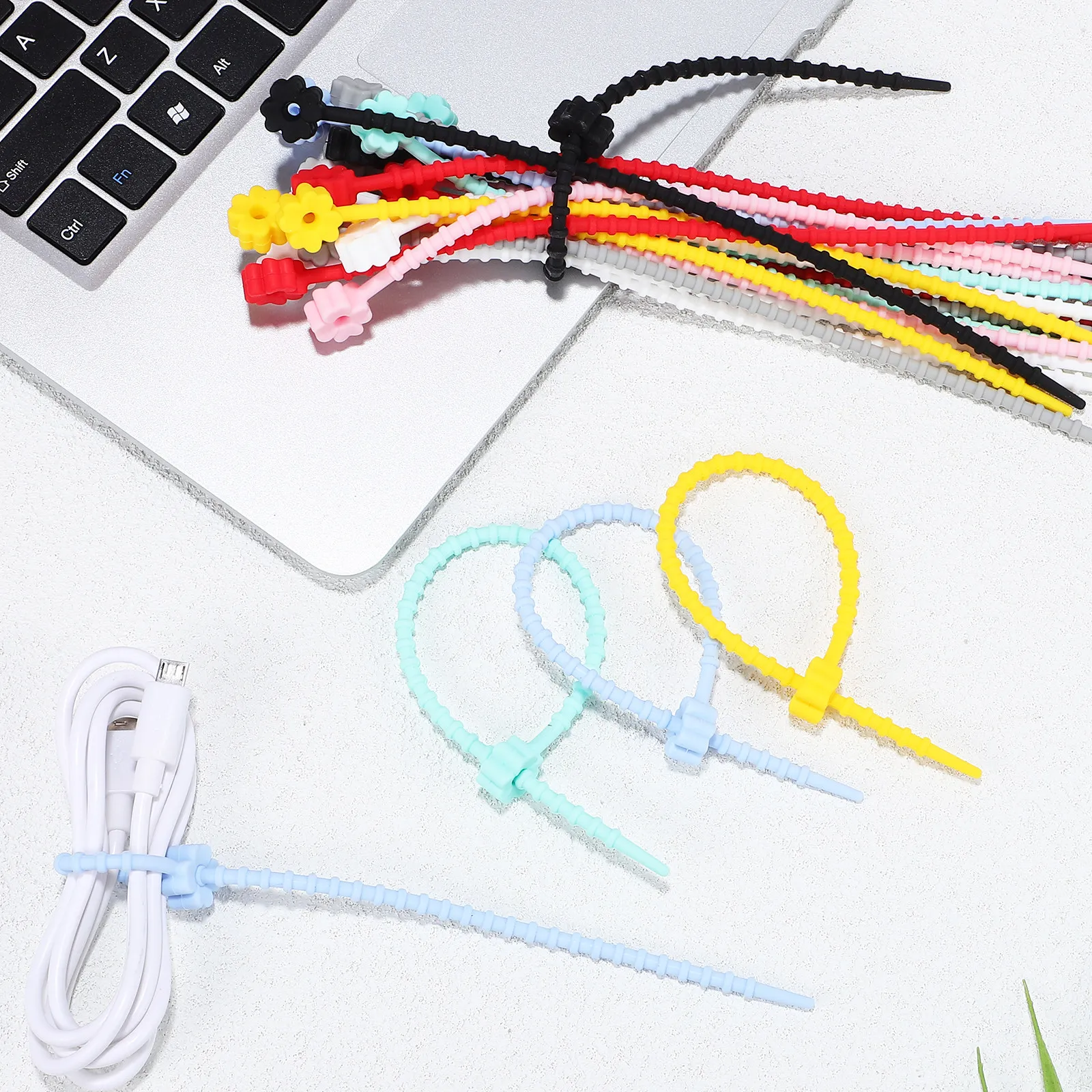 24Pcs Silicone Cable Ties with Flower Decor Bright Colors Reusable Bendable Ties for Cord Management Wire Organizer