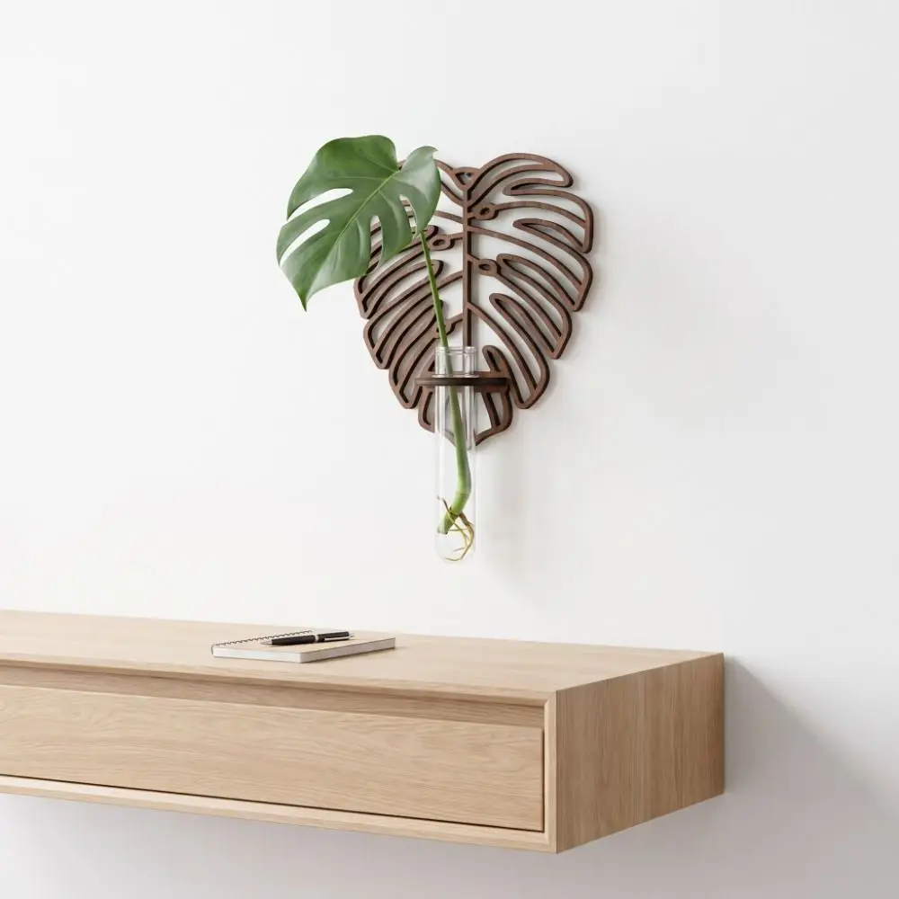 Wooden Hydroponic Plant Holder Home Ornaments Hollow Out Wall Hanging Planter Shelf Geometric Leaf Shape Wall Decoration