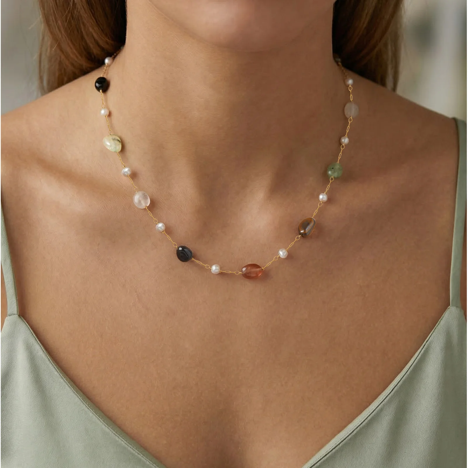 

Irregular Natural Stone Necklace Stainless Steel Station Beaded Necklace for Women Summer Party Jewelry