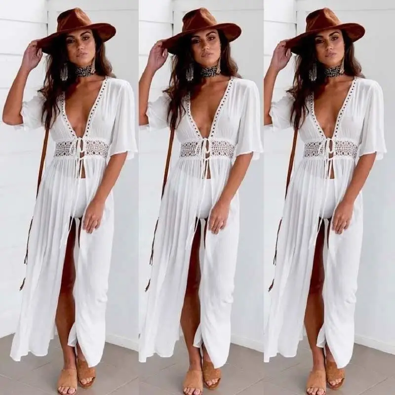 

Lace Trim Beach Swimsuit Cover up Women's Cute Sle Polyester Fiber Open Cardigan Pure Color Spring Season Faion
