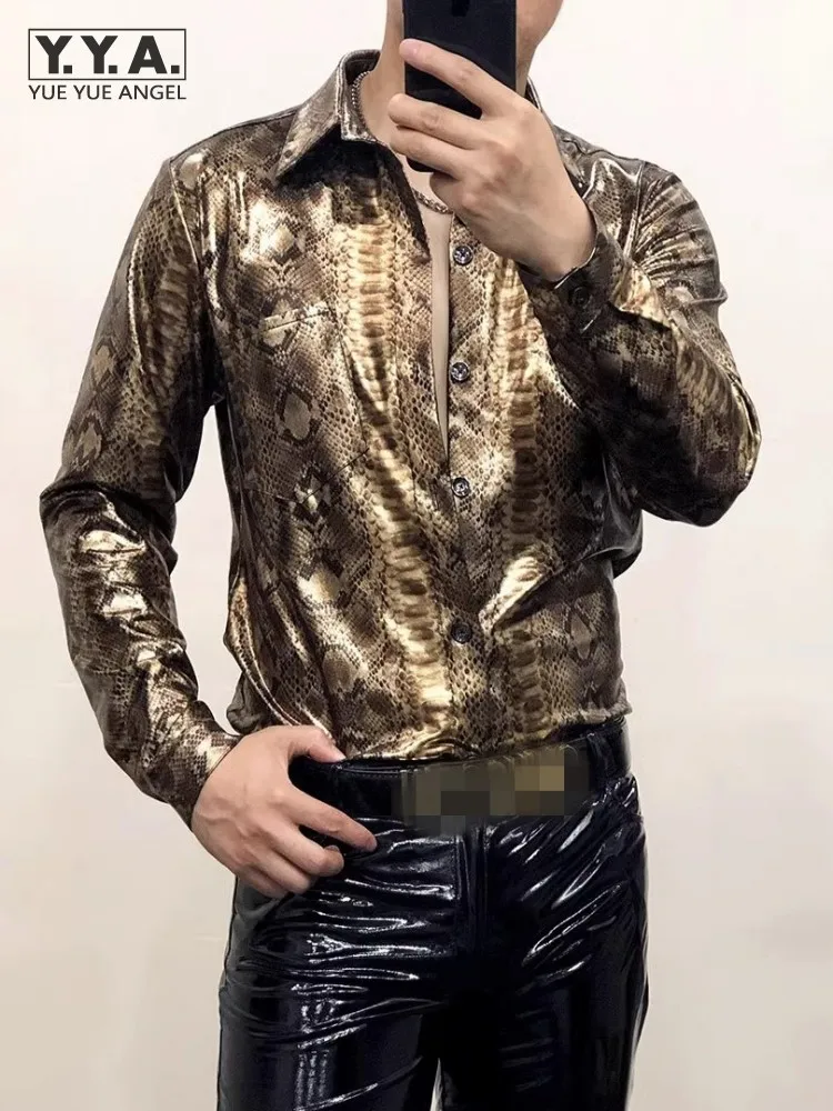 Sexy Nightclub Men Slim Fit Fashion Leopard Print Serpentine Shirt Long Sleeve Single Breasted Casual Tops Plus Size 5XL 6XL