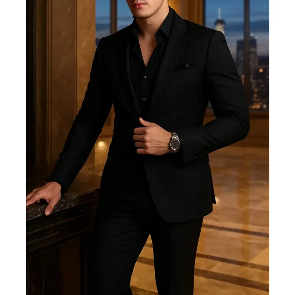 

Мужской черный костюм, тонкий комплект из 2 предметов, шикарный деловой свадебный наряд, стильные однобортные костюмы с лацканами с вырезом (пиджак + брюки)