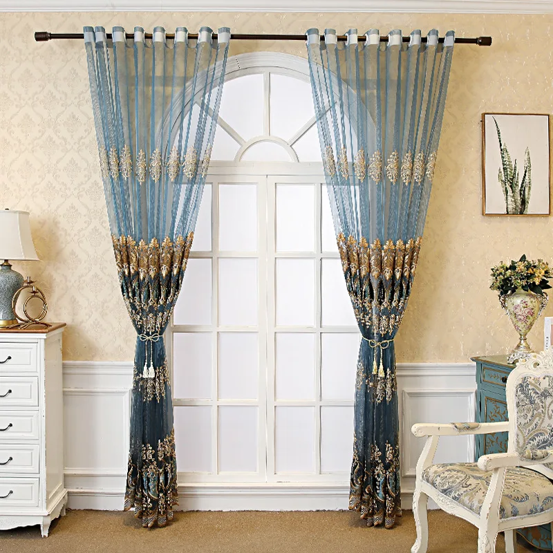 Custom Size Blue Embroidered Semi-blackout Gauze  Luxury Elegant Sheer Curtains for Living Dining Room Bedroom Door Fashion