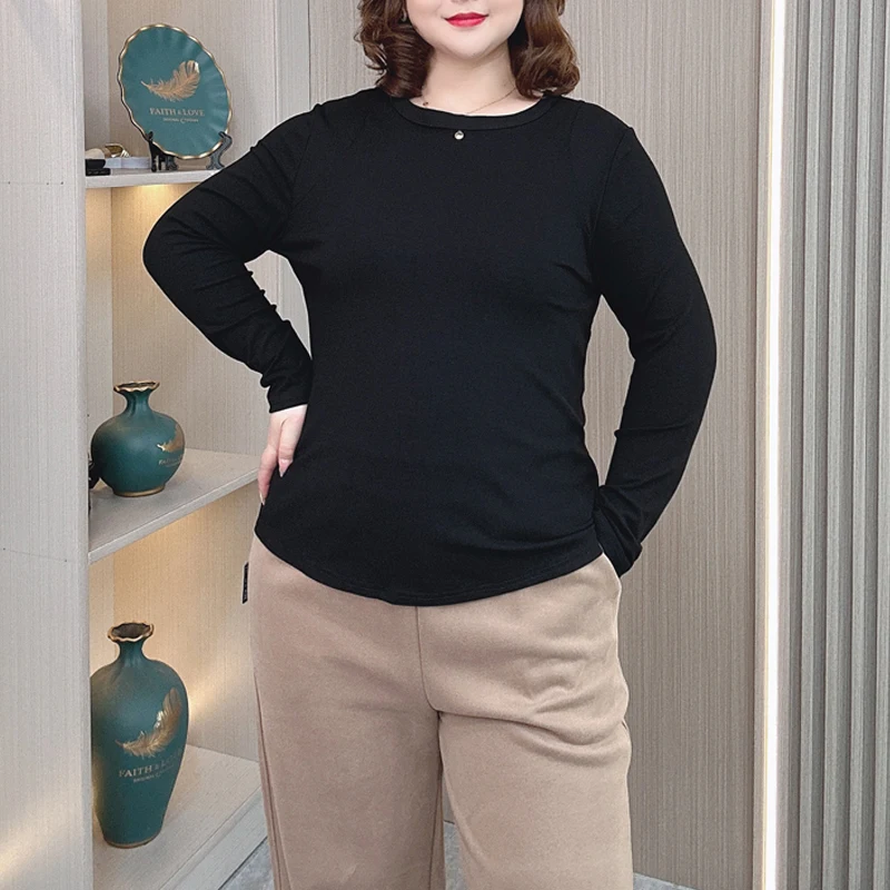 Chemise basique à manches longues et col rond pour femmes, grande taille, design décoratif, t-shirts de la présidence, mode décontractée, haut intérieur, automne, 2024, 692