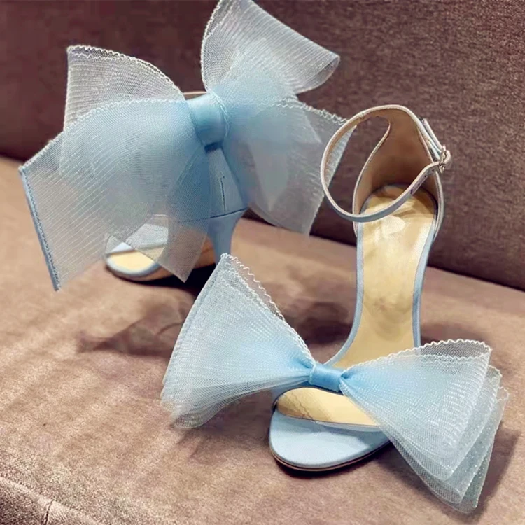 Sky Blue Bow Thin Straps Sandals Women Open Toe Fuchsia Silk Back Asymmetric Bowtie Knot High Heel Sandalsfor Women Shoes