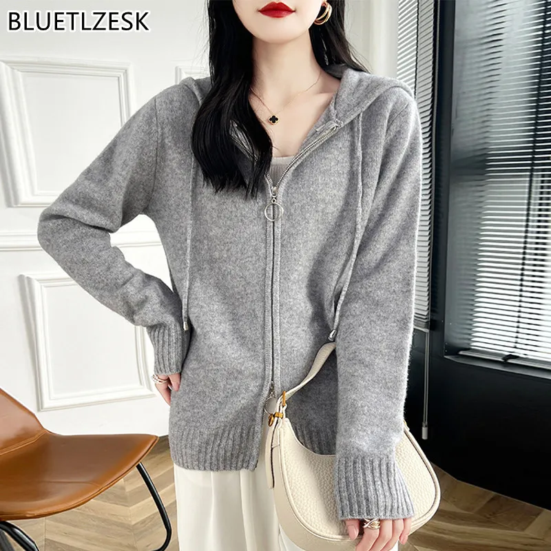 

2024 Autumn/Winter New Hooded 100% Wool Sweater Long Sleeve Zipper Cardigan Women's Soft Cashmere Sweater Knit Coat Tops Jacket