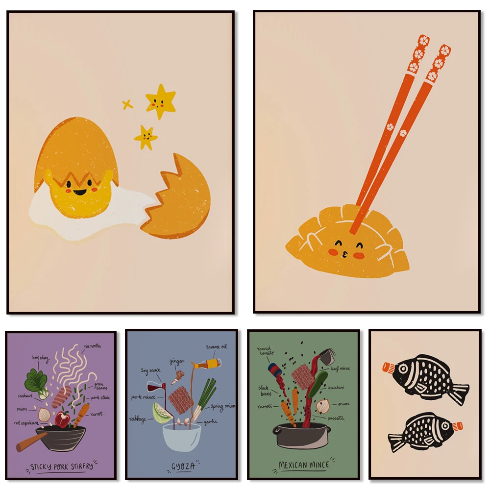 Cute food art of dumplings, eggs and fish in soy sauce, fried glutinous rice, mexican minced meat, dumpling recipe poster