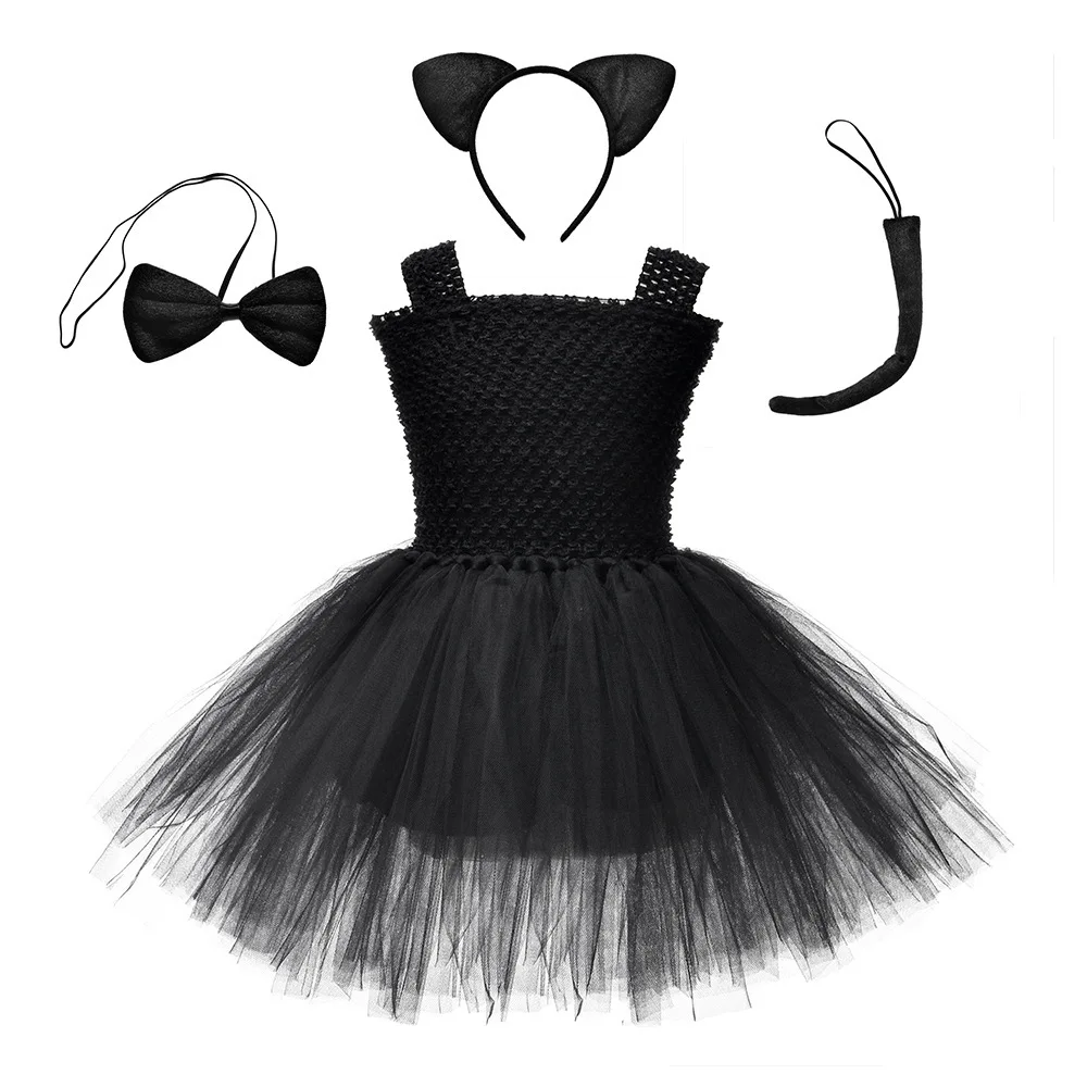 Girl Tutu Black Dress Bowtie Tail Hair Hoop Set Birthday Party Children Clothing  Cat  Costume for Kids  Cosplay Halloween