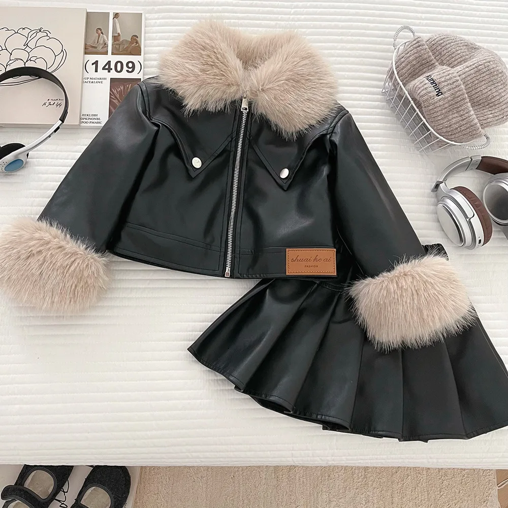 

Winter Kids Girl 2PCS Clothes Set Fur Collar Children Girls Pu Leather Jackets Toddler Girl Pleated Skirts Outfit Baby Girl Suit
