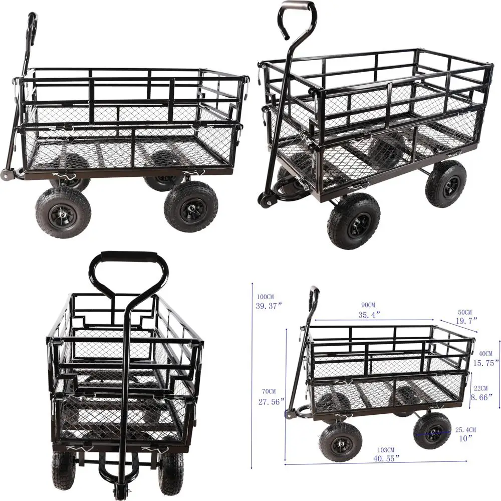 

Сверхмощный садовый вагон со складными сторонами, пневматическими шинами, регулируемой ручкой (черный двухслойный)