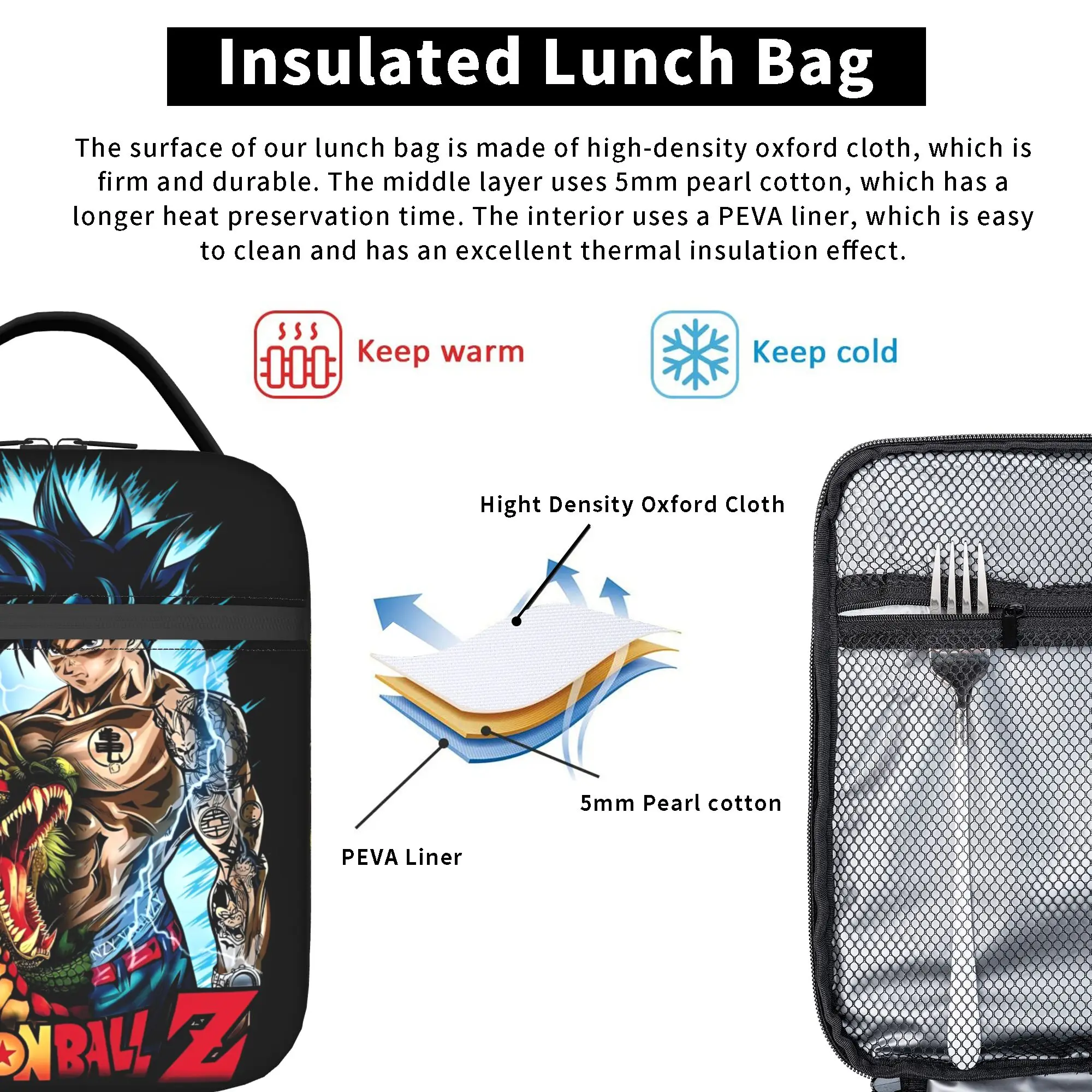 Anime DBZ Insulated Lunch Bags Cooler Bag Reusable,Meal Container  Large Tote Lunch Box Girl Boy Office  Picnic view 4