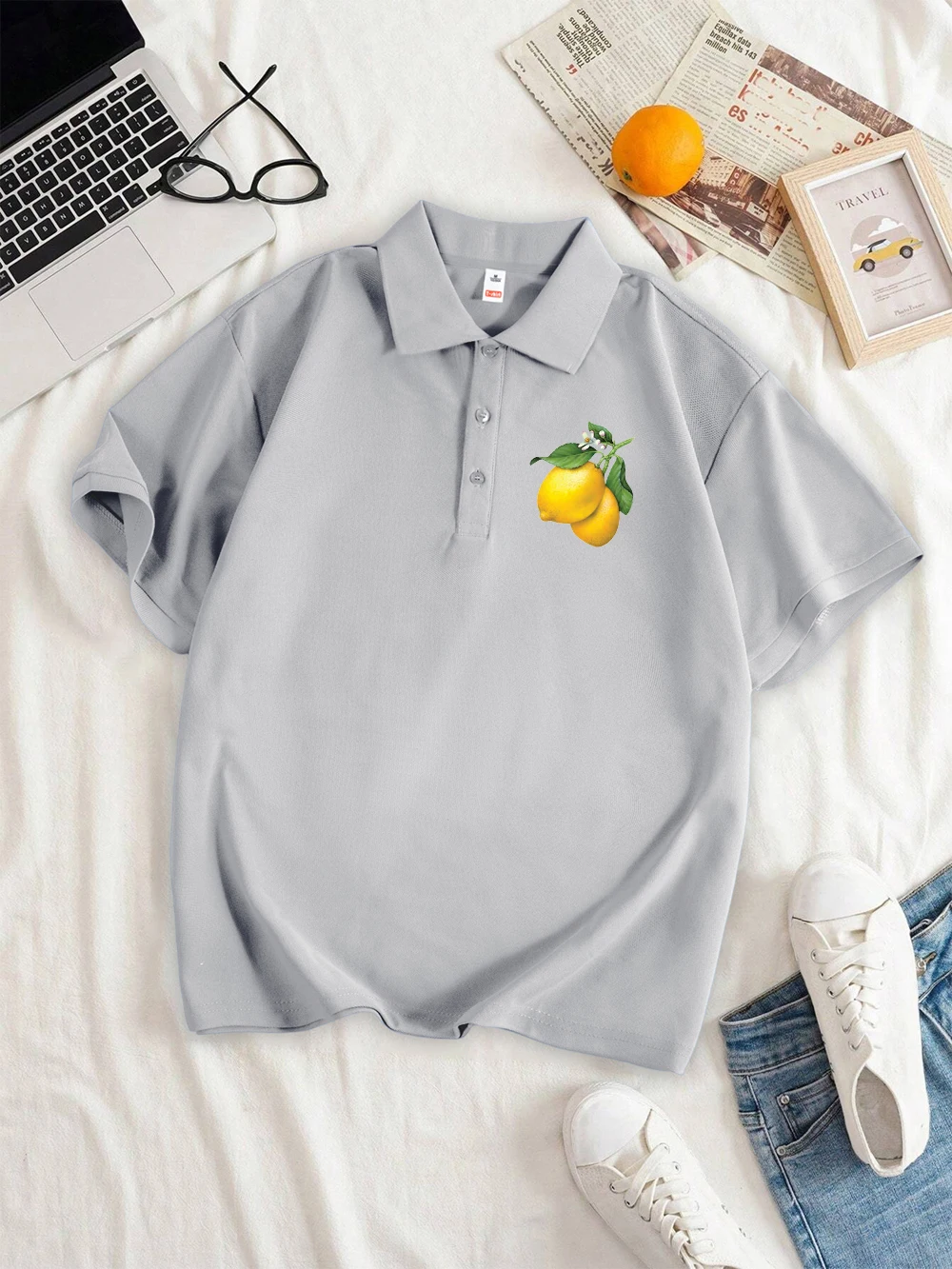 Capri Italy Lemon Printing Polo Shirt Womens Summer Soft Breathable Comfortable Lapel Shirts All-Match Casual Womans Clothes
