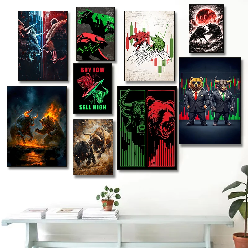 Bull Bear Börsenmarkt-Poster, Händler-Leinwandgemälde, Kunstdrucke, Wandkunstbilder für Arbeitszimmer, Wohnzimmer, Büro, Heimdekoration