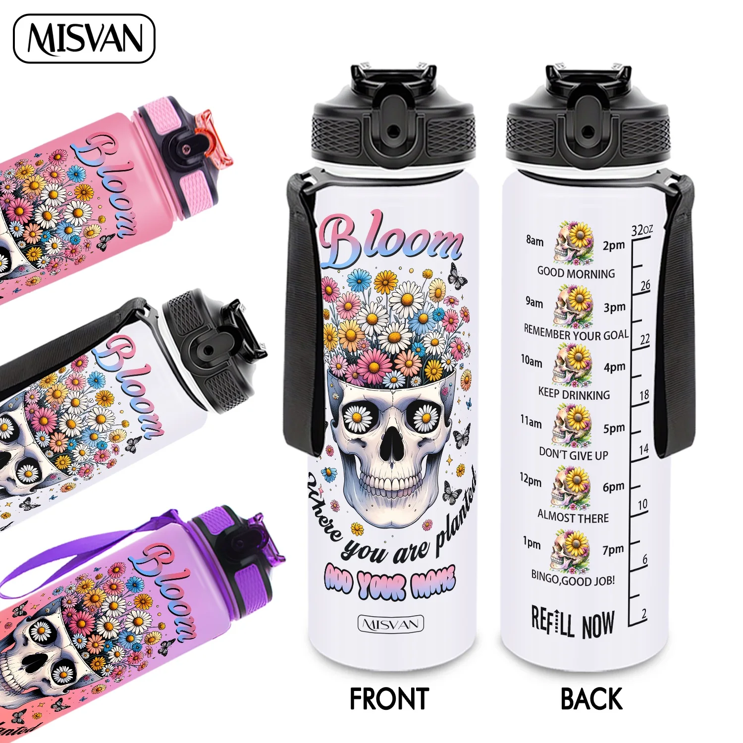 

1PC, Skull with Flowers Butterflies and English Slogan ,32oz Gradient Water Bottle-Leak-Proof,HD Non-Peeling Pattern,Perfect for
