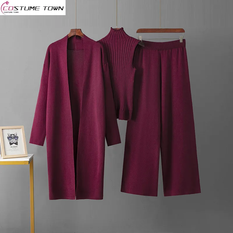 

European and American style solid color casual women's shawl jacket+V-neck knitted vest+wide leg pants three piece set