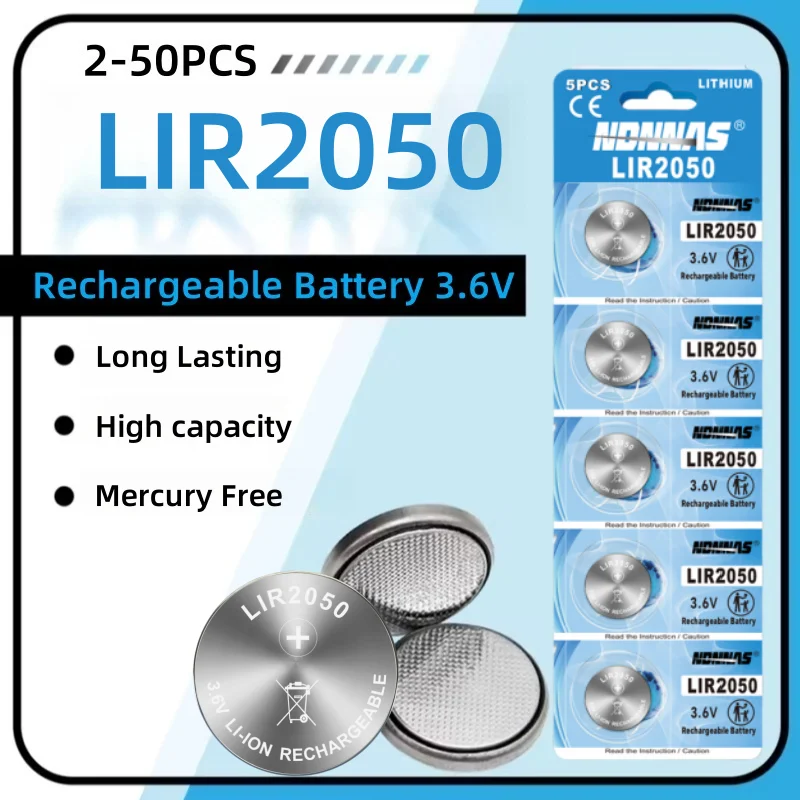 5-60PCS LIR2050 LIR 2050 3.6V Lithium Rechargeable Battery Replace CR2050 For Computer Motherboard Electric Toys Button Cells
