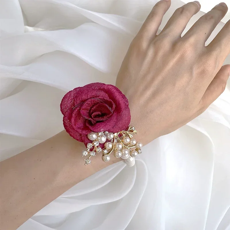 Pulsera de boda con ramillete de muñeca de rosas de tela para dama de honor, novias, flor de mano, rosas falsas, pulsera de boda para invitados, accesorios