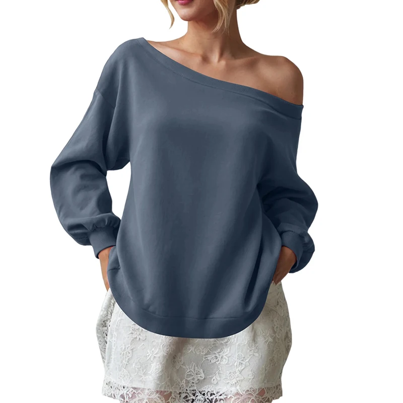 우아한 오프숄더 Y2K 루즈핏 긴팔 셔츠 여성 봄 가을 풀오버 탑 여성용 풀오버 솔리드 캐주얼 여성 티셔츠