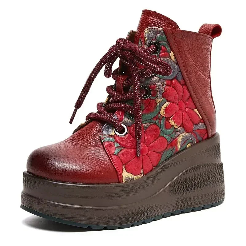 Qualidade superior 8cm estilo nacional cunhas salto tornozelo botas femininas inverno de pelúcia quente impressão couro genuíno botas plataforma grossa