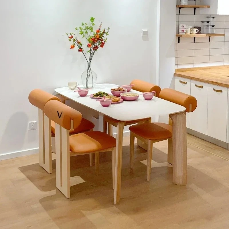 Log Cream Style Elephant Leg Dining Table Rectangular Solid Wood Stone Plate