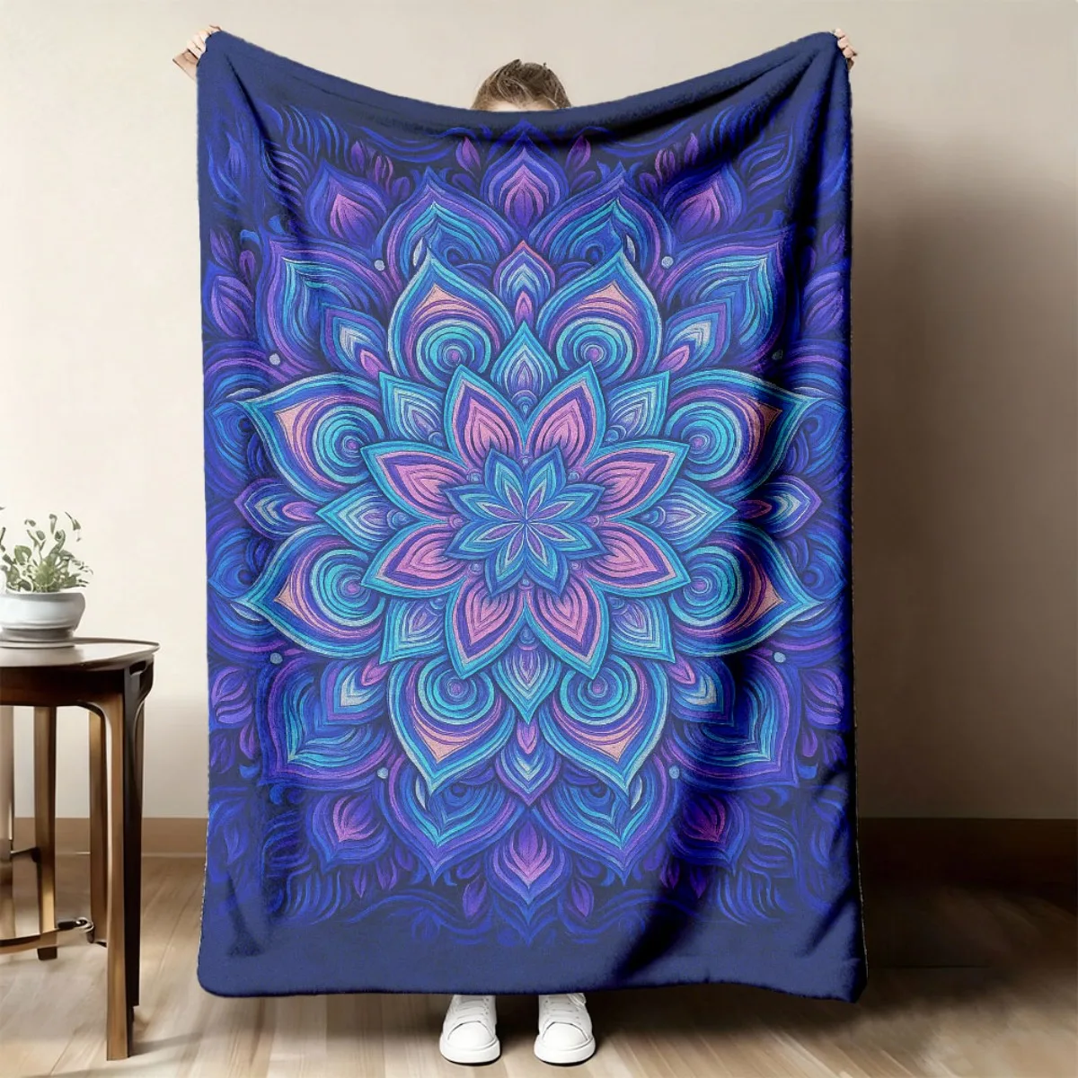 Blue Purple Mandala Flannel Blanket, Gradient Symmetric Bohemian Floral Navy Print Soft Throw for Bedroom Sofa Travel Relax Home