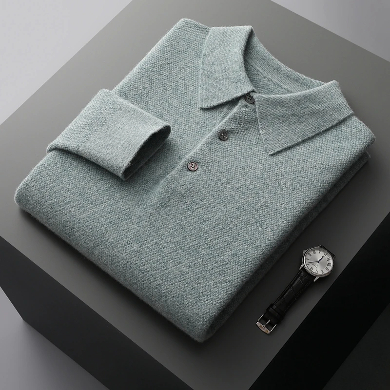 Autumn and winter POLO neck long sleeve solid color cashmere sweater men's high-end business new 100% pure wool knitted sweater