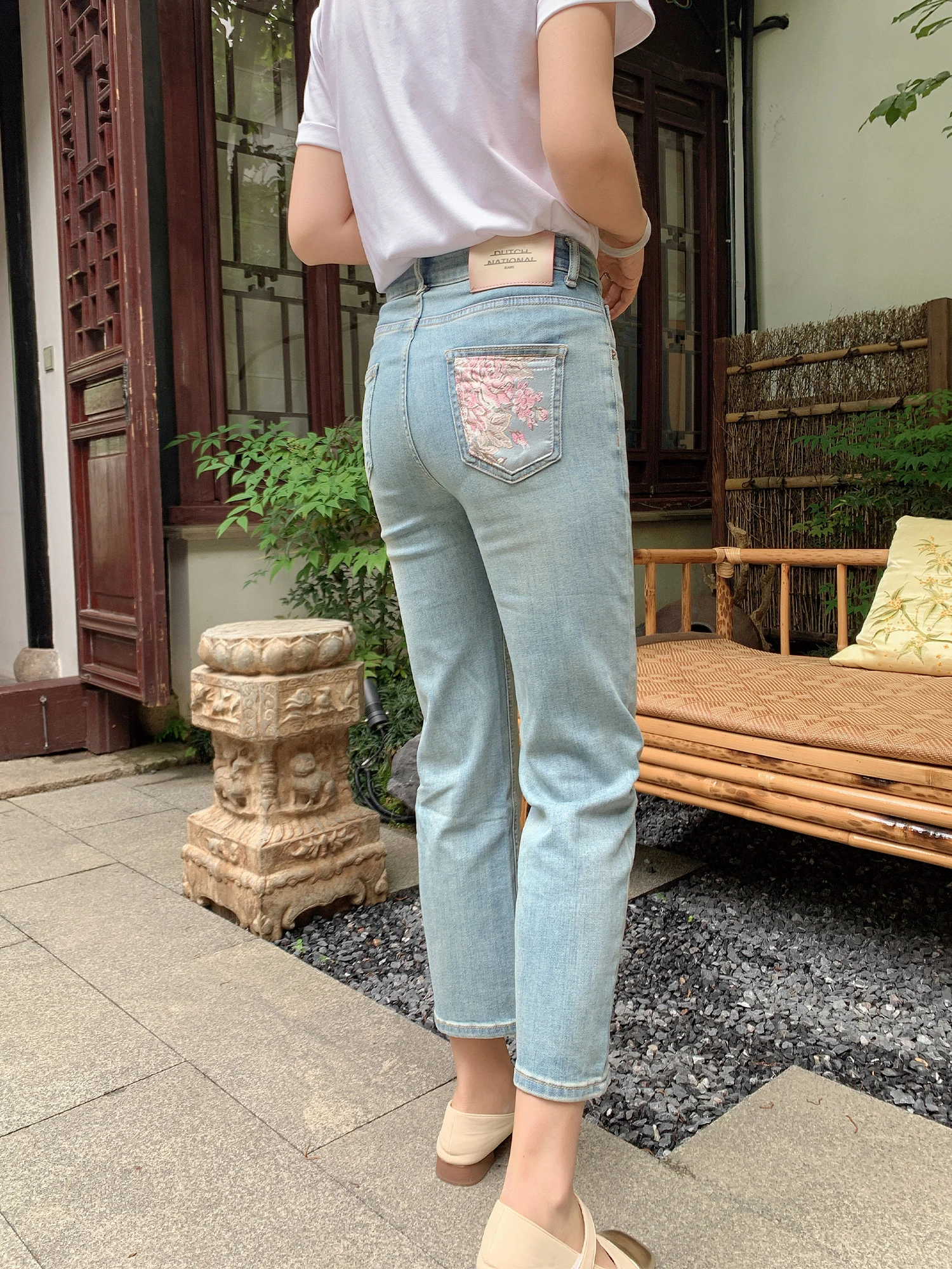 

Zhilucai f Day Leisure National Sle Embroidered Netting High Waist Slim Straight Wide Leg Jeans Women Summer 576X