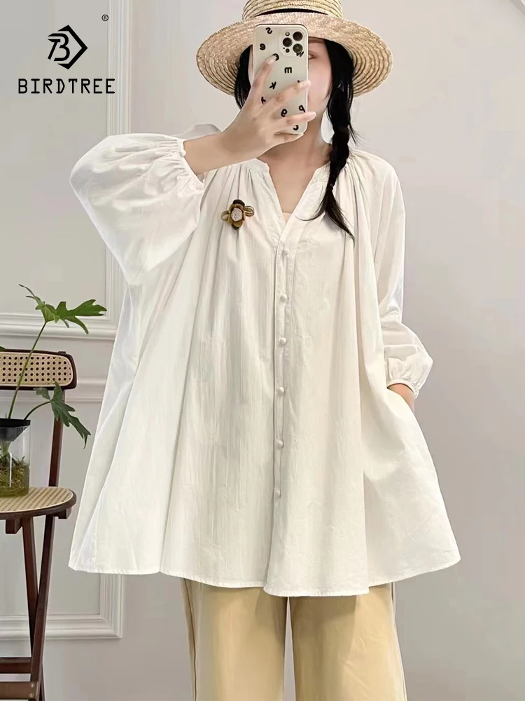 

New 2025 Autumn Cotton Long Sleeve Shirt, Women O Neck 3D Floral, Mori Girl Retro Versatile Loose Mid-Length Blouse T59184CC