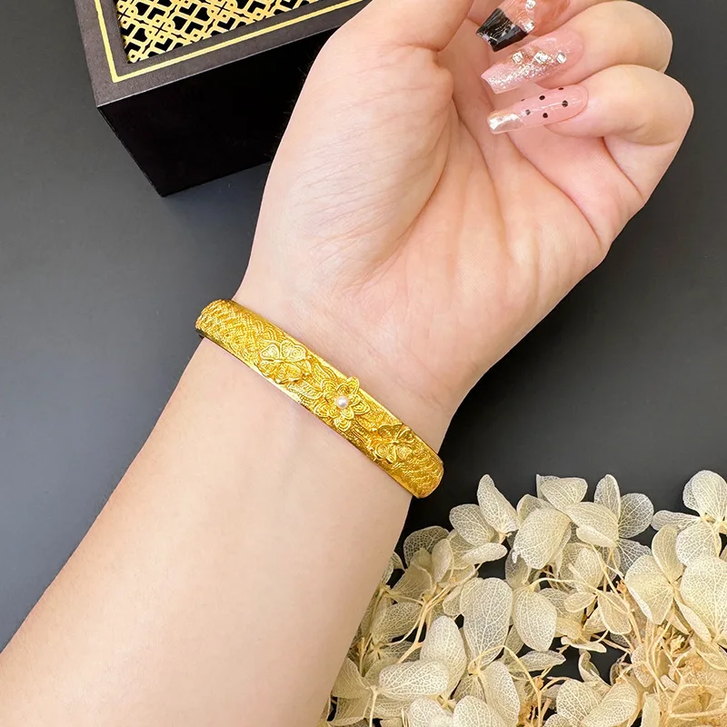 Cynlo Jewelry Luxury 24K 9999 Pure Gold real gold Liankai Fulai Women's Bracelet Carved Vintage Filament Open Bracelet