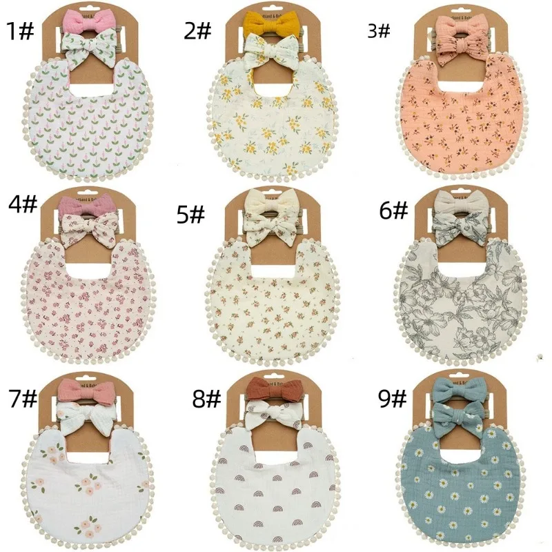 

Детский комплект из хлопка премиум-класса: многослойная марлевая повязка на нагрудник с бантом и принтом, приятный для кожи, дышащий, милый аксессуар для ребенка.