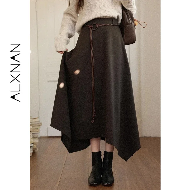 ALXNAN Vintage Skirt Women 2026 Fall Brown High-waist Long A-line Irregular Hem Skirt Versatile Elegant Female Clothing L59113