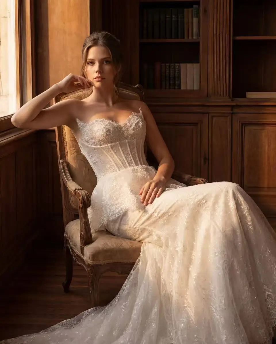 Vintage Sweetheart Strapless Bridal Gown Corset Bodice Peplum Detail Mermaid Full Lace Wedding Dress Chapel Train Custom Made