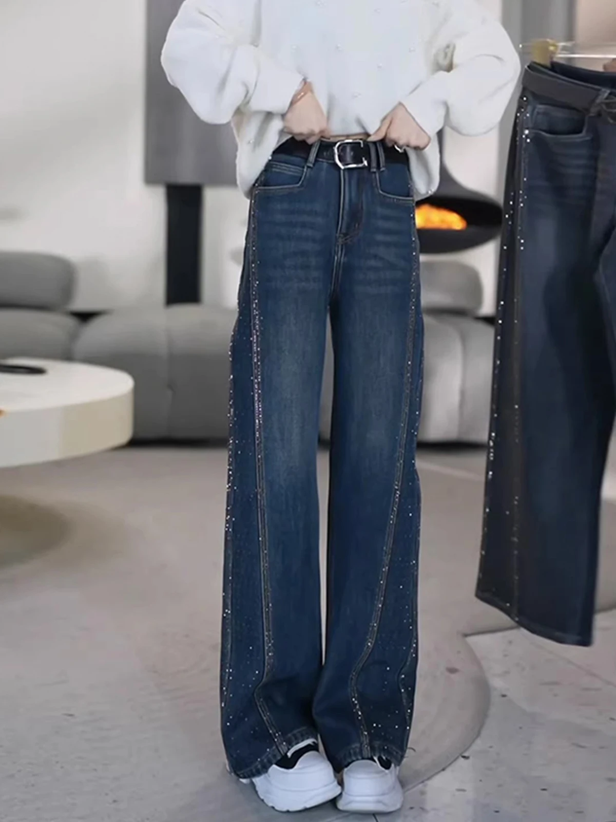 

Faionable High Waist Fce Lined Slim Wide Leg Jeans Women's Casual Sle Glittering Straight Floor Length Trousers