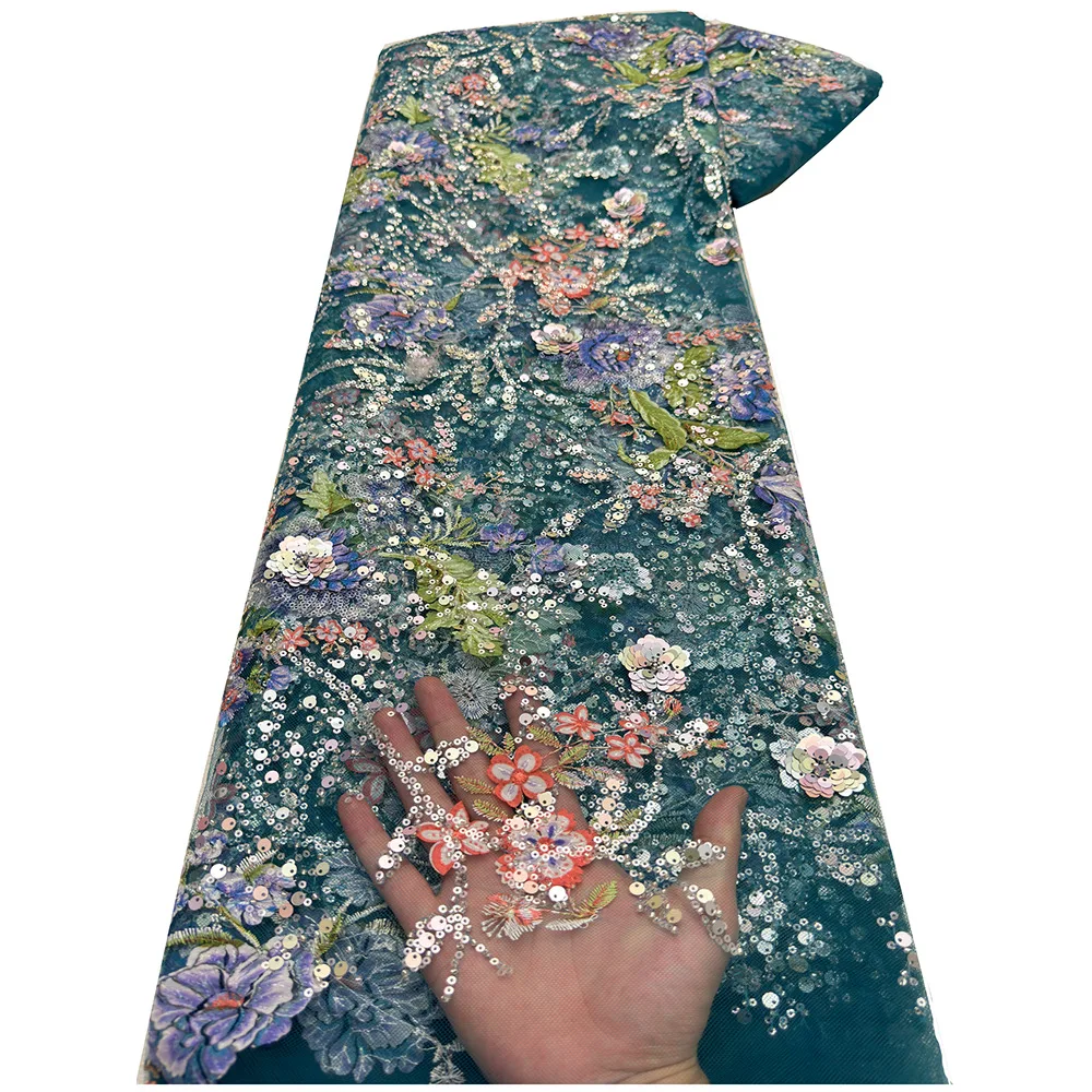 

5yards African Lace Fabric 2025 Sequins Beaded Floral Embroidery Groom Nigerian for Bridal Wedding Dress High Quality