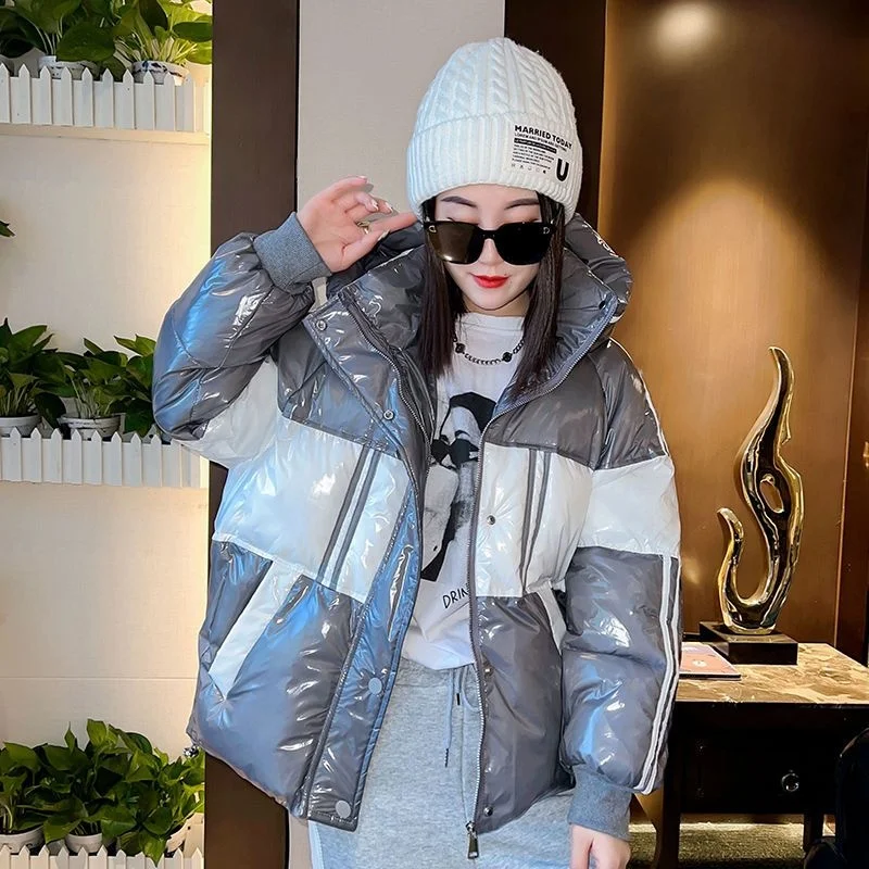 Fashion Hooded Glossy Stitching Jacket Women Winter Warm Short Cotton-padded Parkas Loose Hooded Bread Female Cotton Jacket