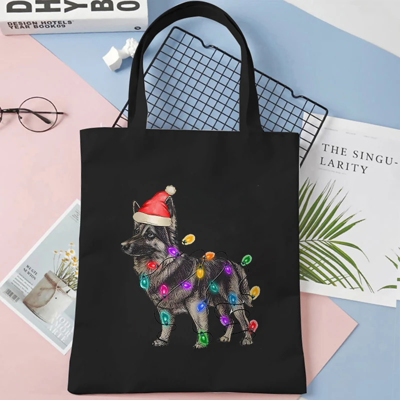 Christmas German Shepherd Dog Canvas Bag for Women Shopper Handbags Environmental Cartoon Storage Reusable Shoulder Tote Bag