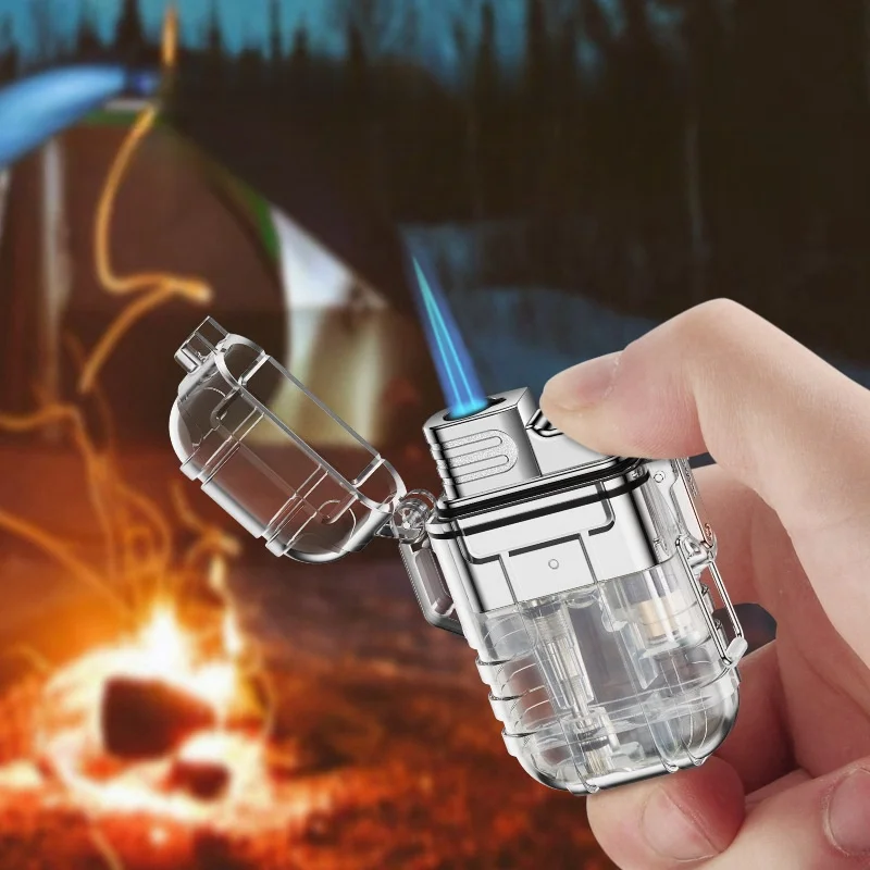 Transparent Shell Windproof Jet Blue Flame Butane Gas Torch Lighter Outdoor Waterproof Hanging Rope Portable Cigar Lighters Gift