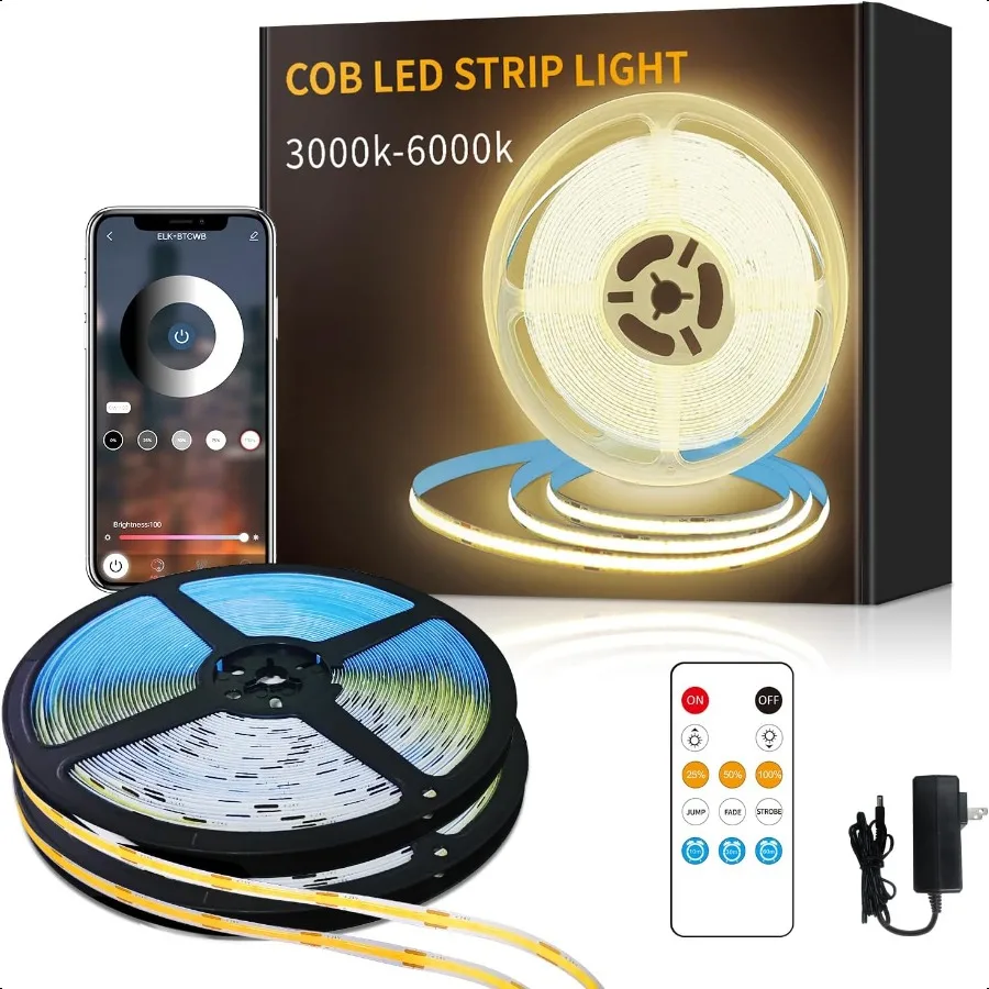 COB LED 스트립 조명 100피트 3000K DC 24V 디밍 가능 따뜻한 백색 유연 LED 조명 스트립 (리모컨 및 앱 제어 포함)