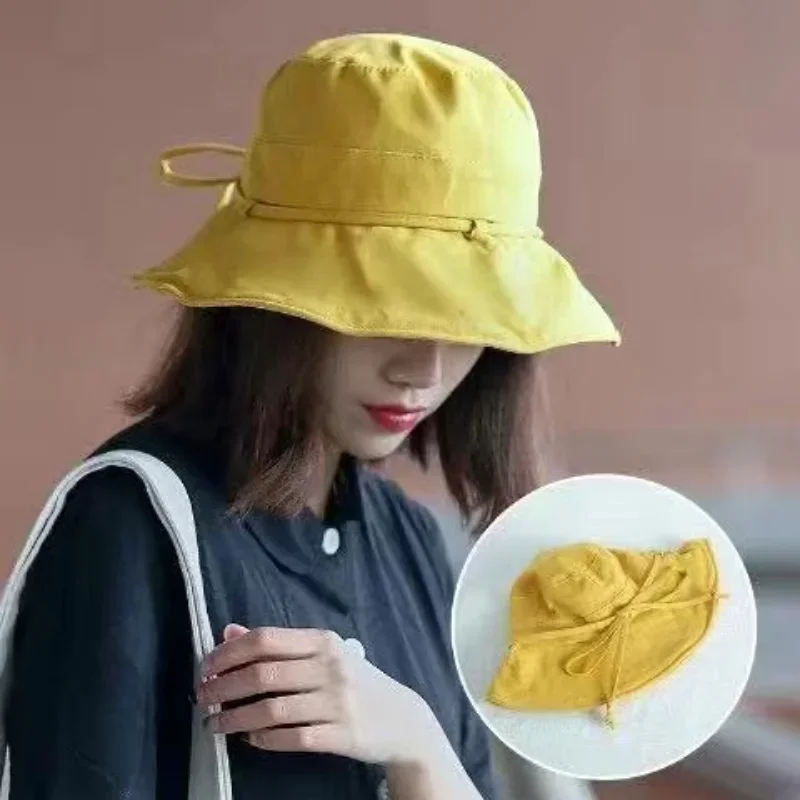 Summer New Women Bucket Hat Solid Color Bows Soft Cotton Outdoor Sun Hats Beach Panama Caps Wide Brim Fishermen Hats