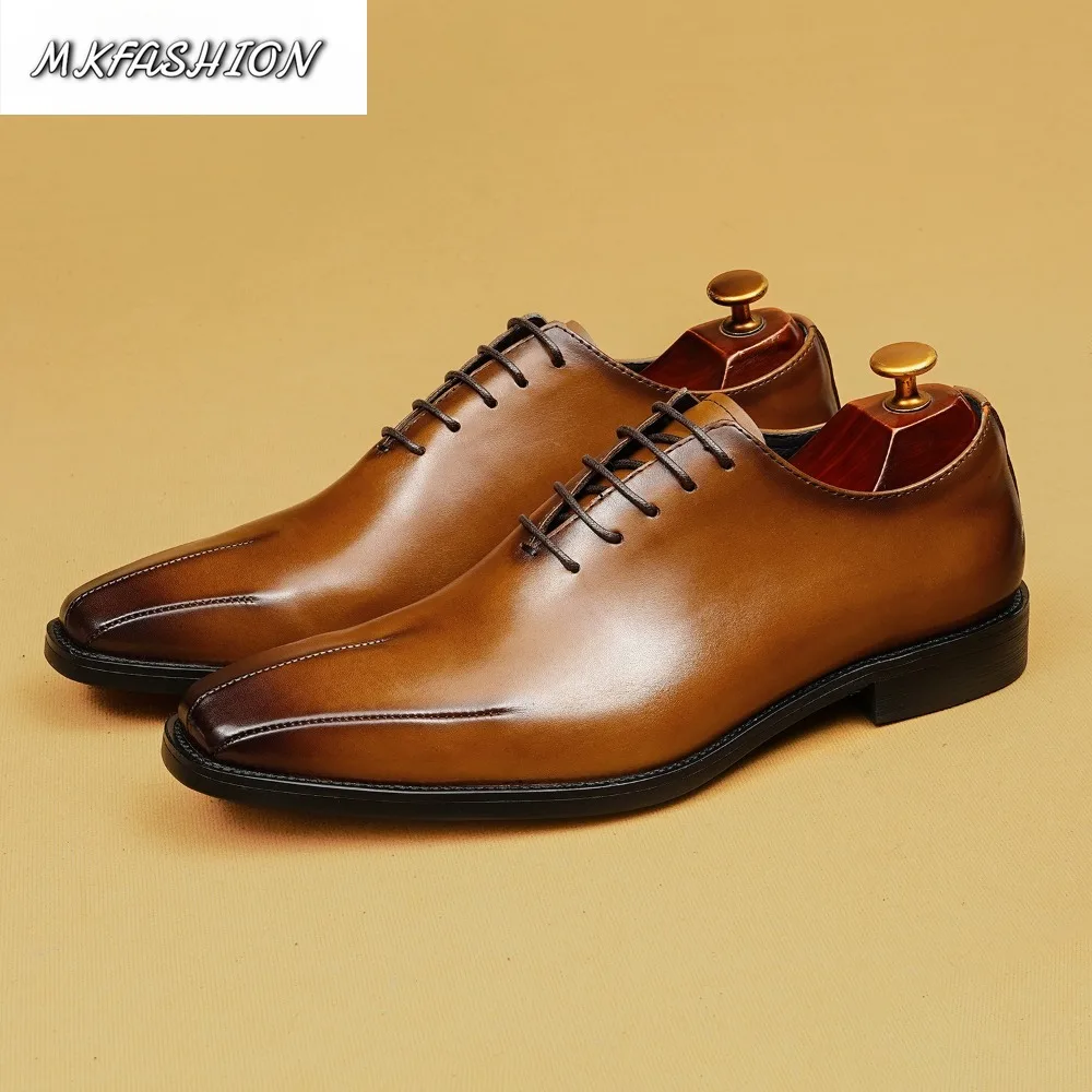 Men's Business Genuine Leather Shoes Square Toe Lace Up Flats Wedding Shoes Male Footwear