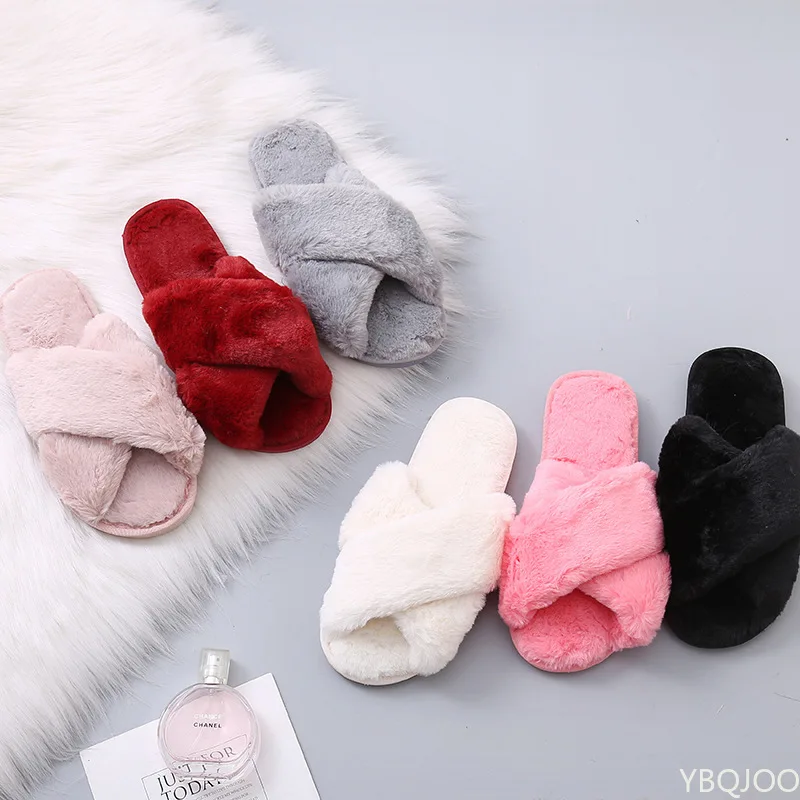 2022 NEW Design Women Winter House Furry Slippers Women Cross Fluffy Fur Home Slides Flat Indoor Floor Shoes Ladies Flip Flops